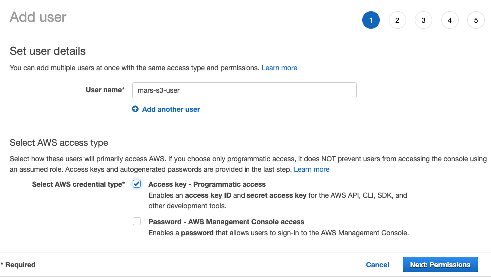 Setting user name and access type for IAM user